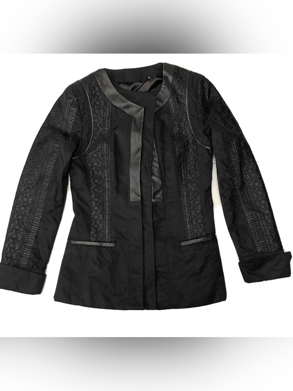 Elie Tahari Cotton Lamb Leather Detailed Fitted Jacket Black Size XS